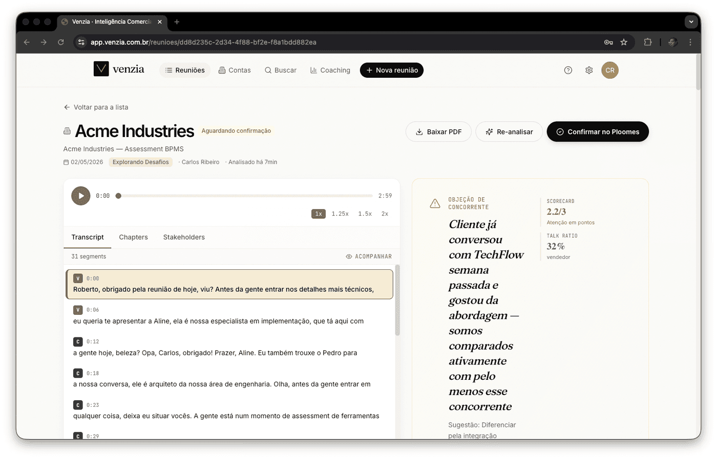 Reunião sendo analisada em tempo real com transcrição sincronizada