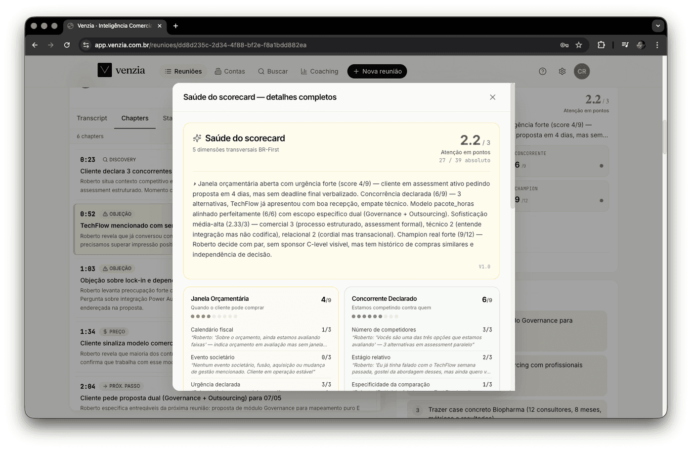 Modal de detalhes da Saúde do scorecard com 5 dimensões transversais BR-First expandidas