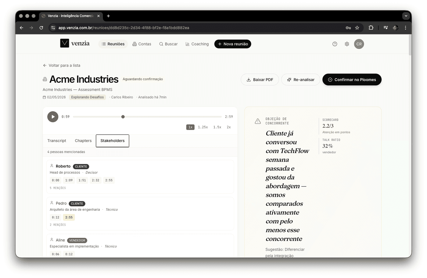 Mapa de stakeholders com timestamps clicáveis das menções